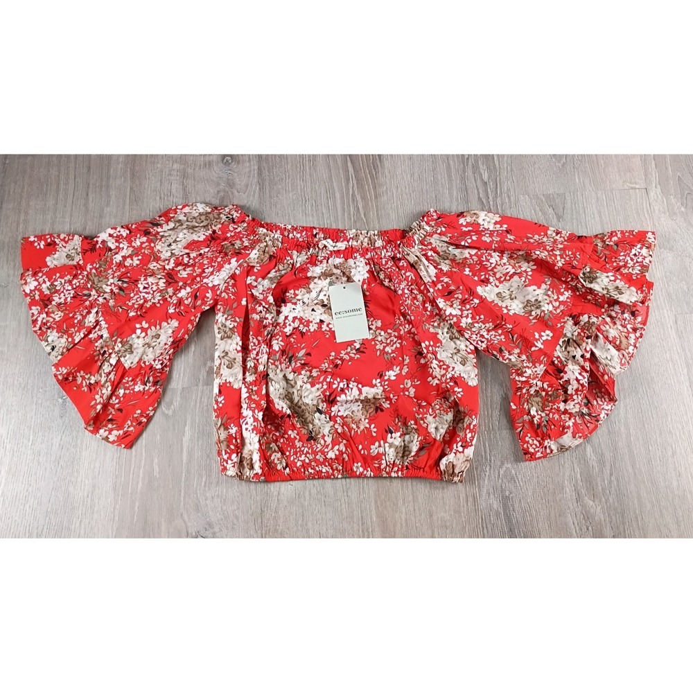 Eesome Blouse Boho Long Bell Sleeve Off Shoulder Size S Festival Crop NEW Floral